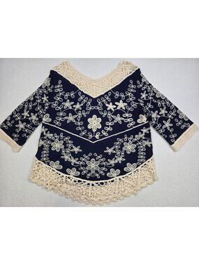 Solitaire Peasant Top Boho Navy & Beige Crochet Lace Embroidered Blouse Small